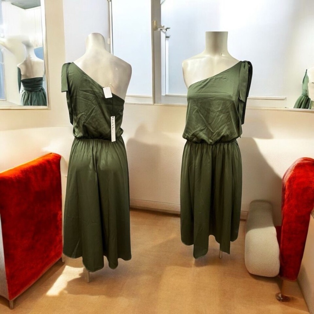 Nicole Miller NY, Woman, Dress Silk, Green Olive, Sz M, One Shoulder, Long.!